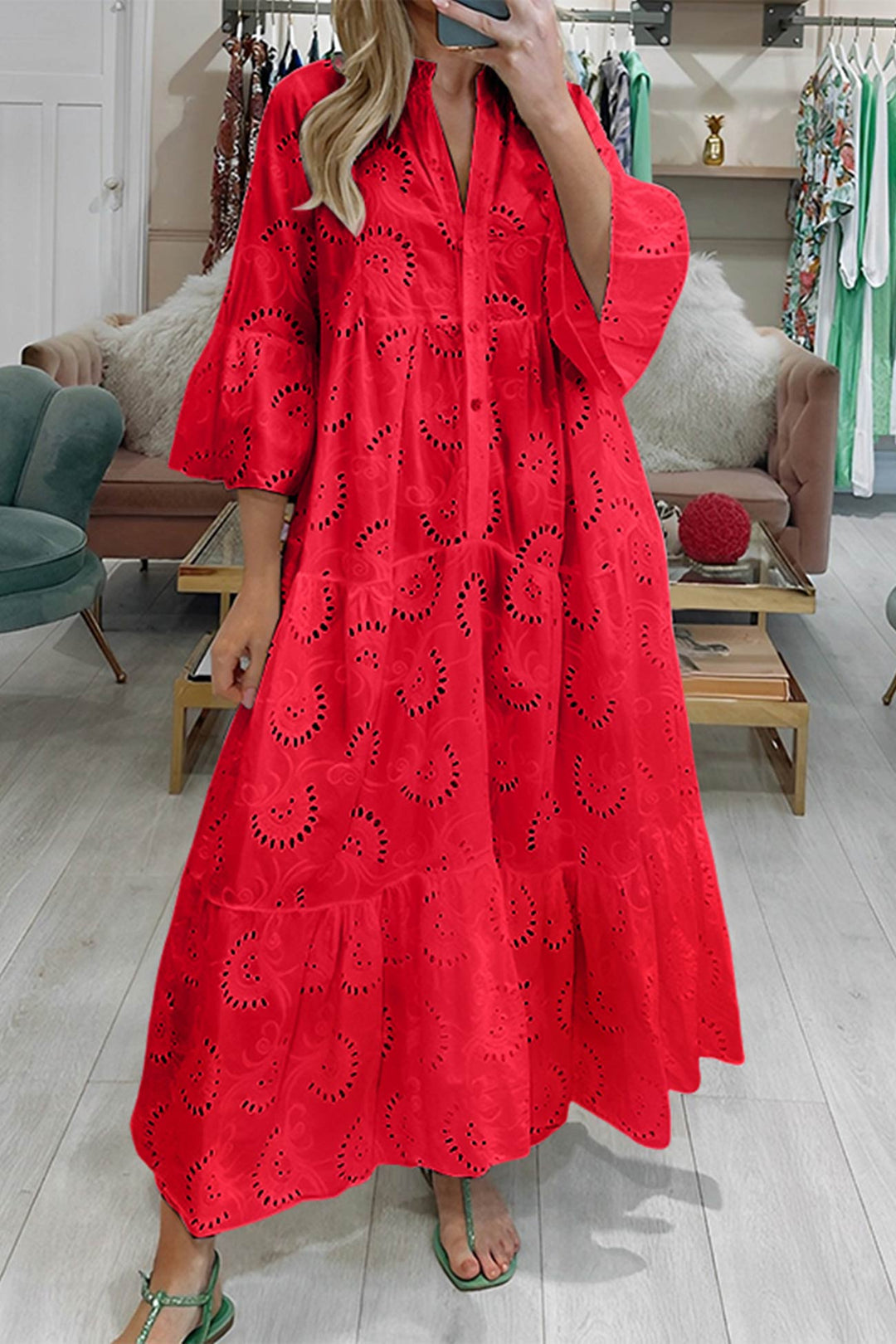 Cotton dress with embroidered sleeves and V-neckline