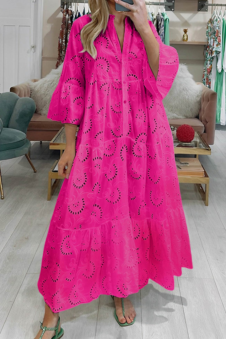 Cotton dress with embroidered sleeves and V-neckline