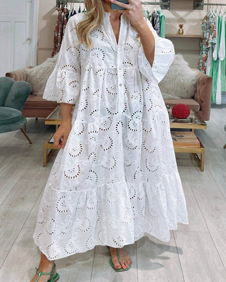 Cotton dress with embroidered sleeves and V-neckline