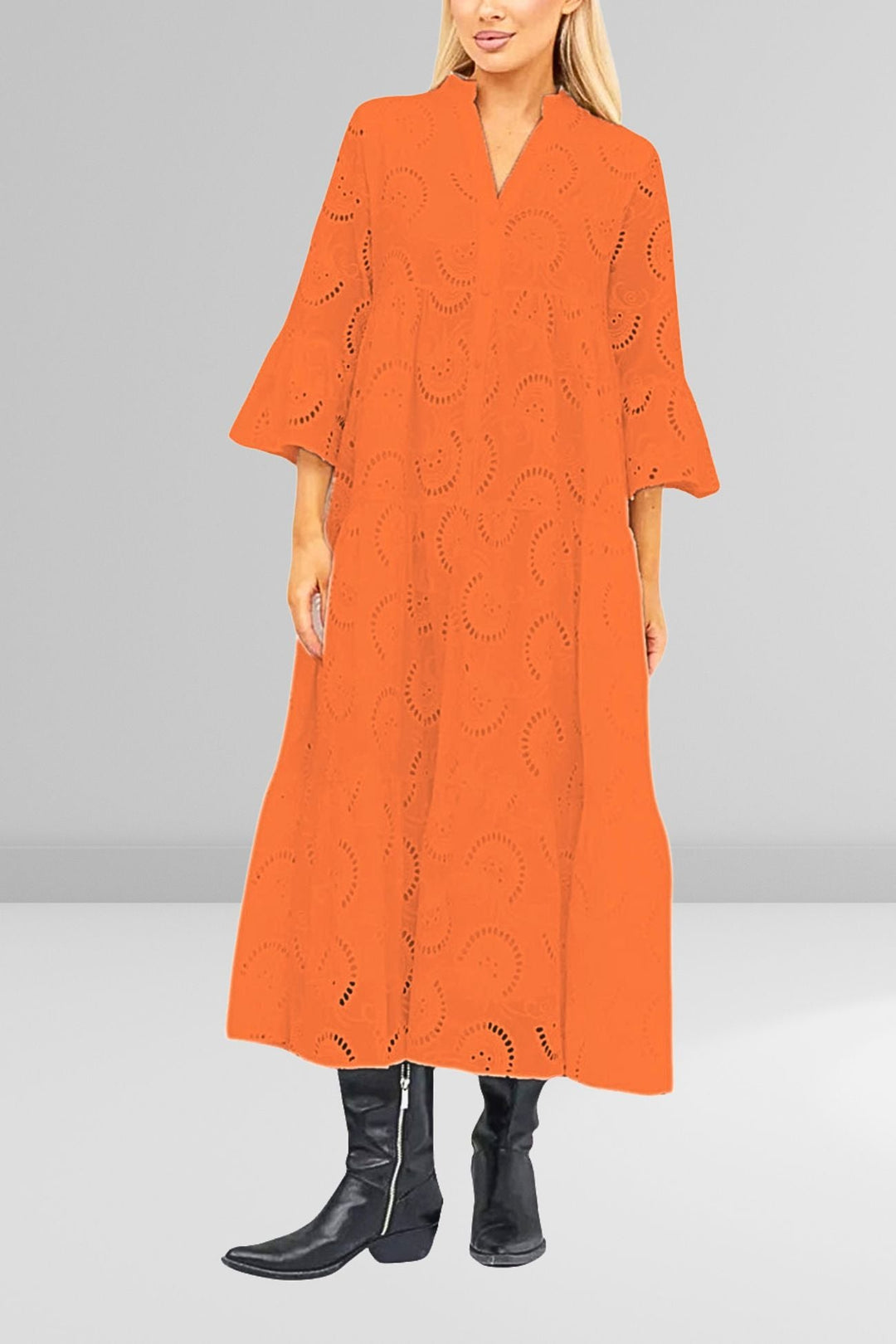 Cotton dress with embroidered sleeves and V-neckline