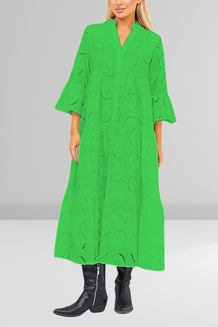 Cotton dress with embroidered sleeves and V-neckline