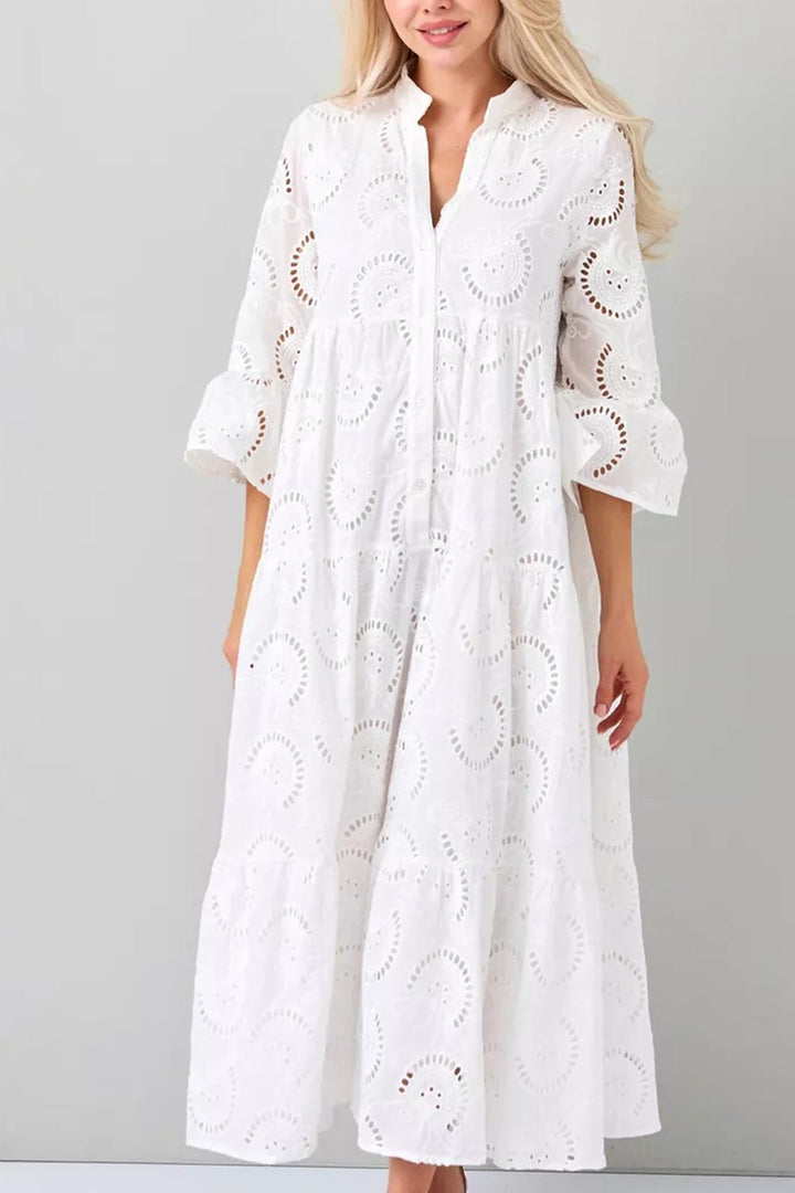 Cotton dress with embroidered sleeves and V-neckline