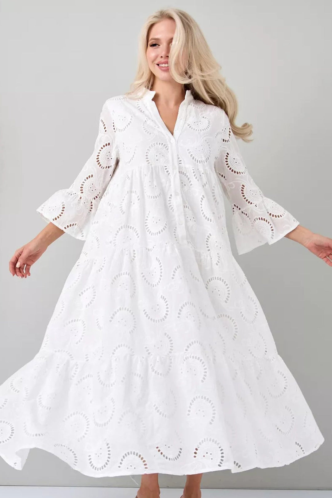 Cotton dress with embroidered sleeves and V-neckline