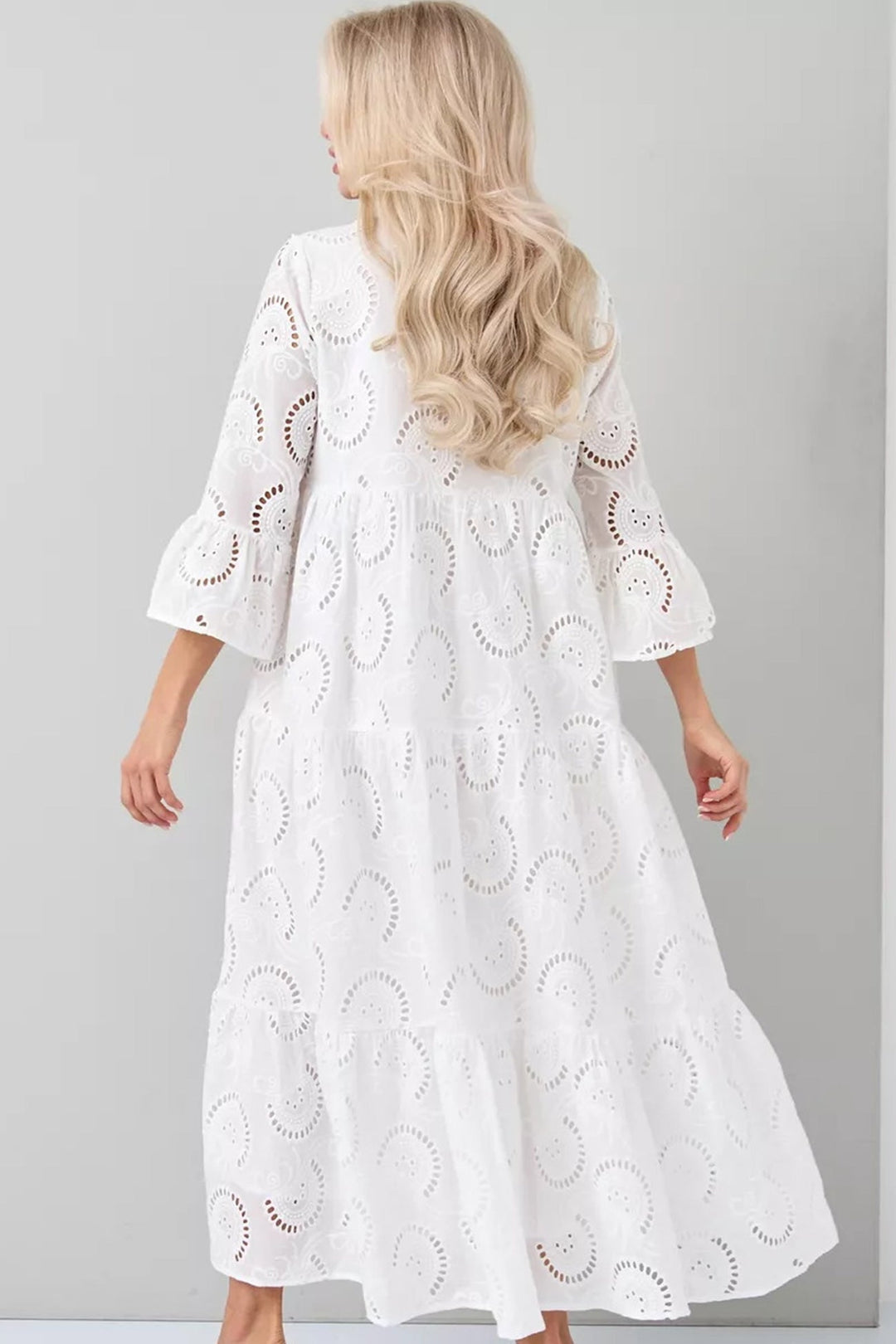 Cotton dress with embroidered sleeves and V-neckline