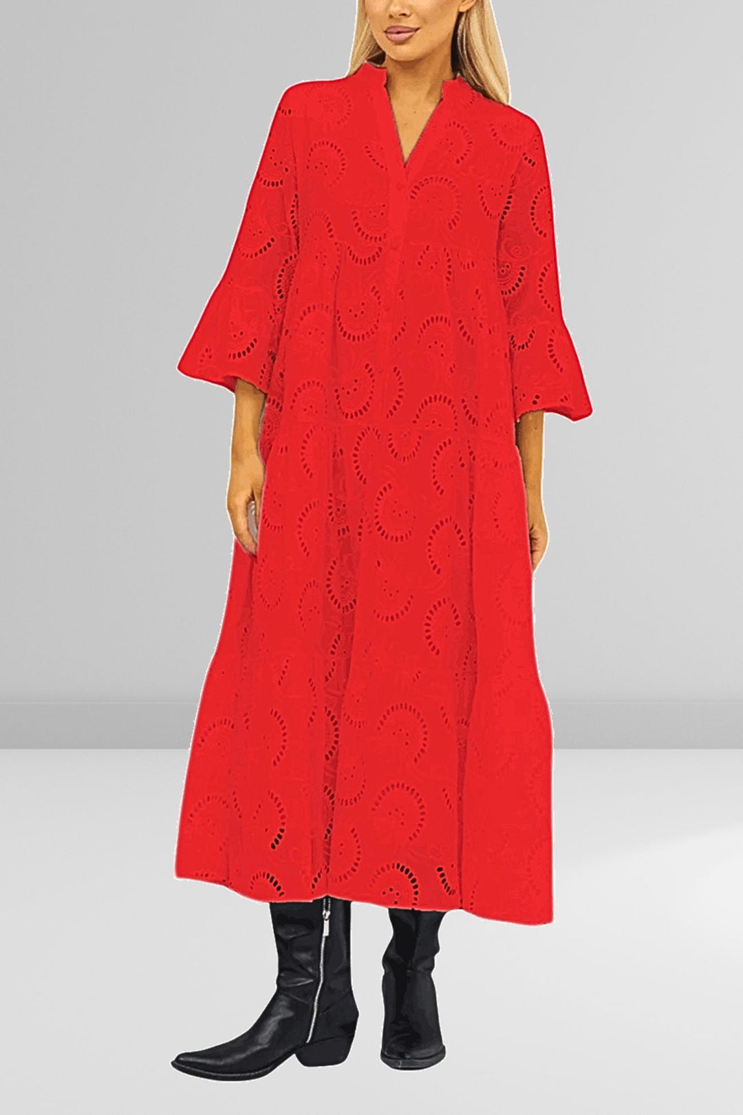 Cotton dress with embroidered sleeves and V-neckline