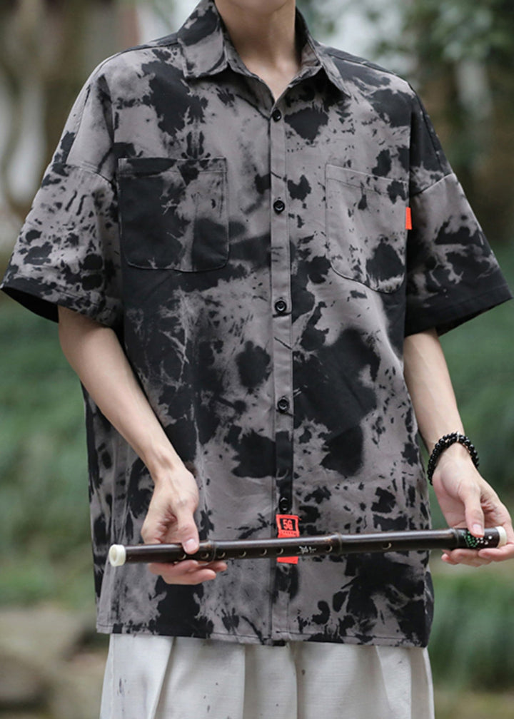 Vintage Black Tie Dye Pockets Ice Silk Men Shirts Summer