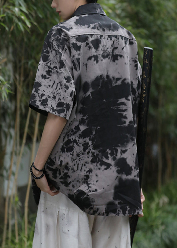 Vintage Black Tie Dye Pockets Ice Silk Men Shirts Summer