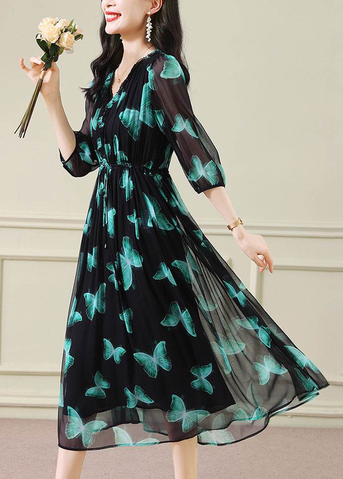 V Neck Print Drawstring Silk Dresses Summer