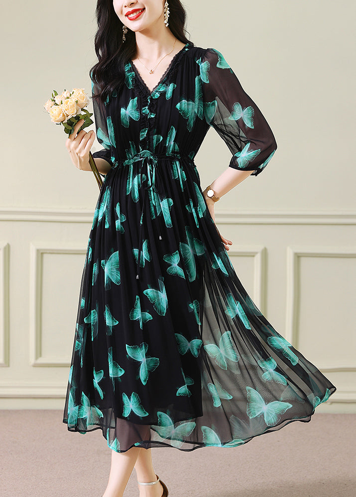 V Neck Print Drawstring Silk Dresses Summer