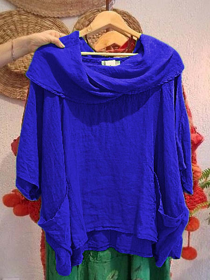 Pia - Solid Color Draped Neck 3/4 Sleeve Comfortable Casual Linen Pocket Top