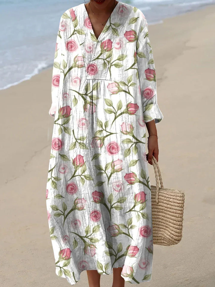 Bhea - Rose Flower Print Casual Cotton And Linen Shirt and Dress