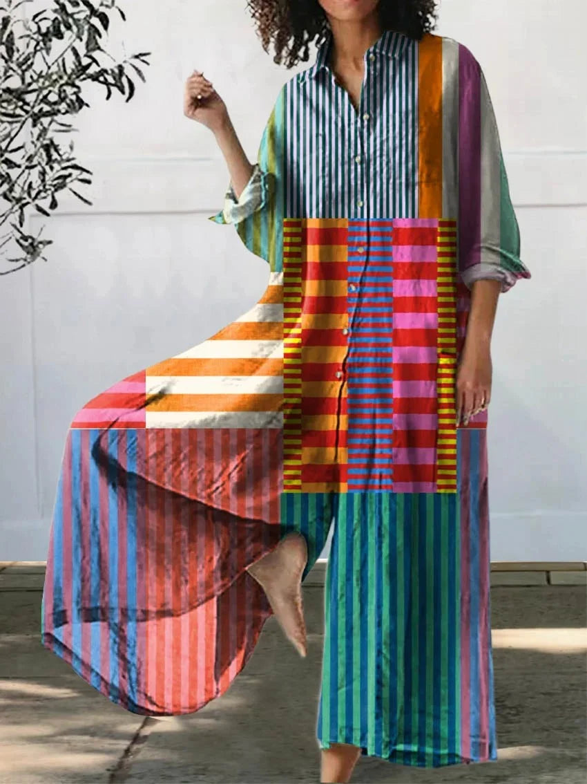 Rowena - Colorful Patchwork Striped Cotton Linen Top, Pant, Jumpsuit and Dress