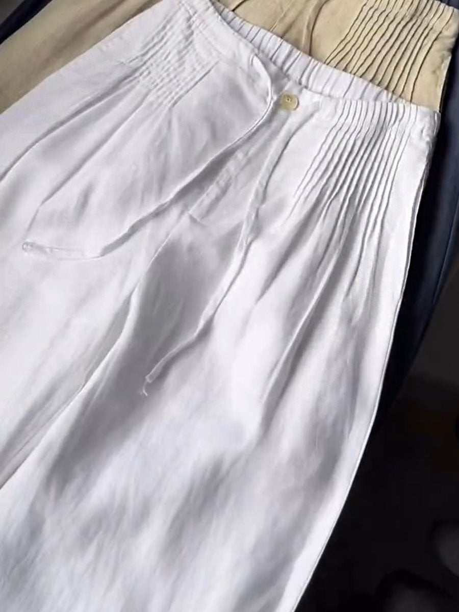 Seina - olid Color Pleated Drawstring Casual Cotton and Linen Wide Leg Pants