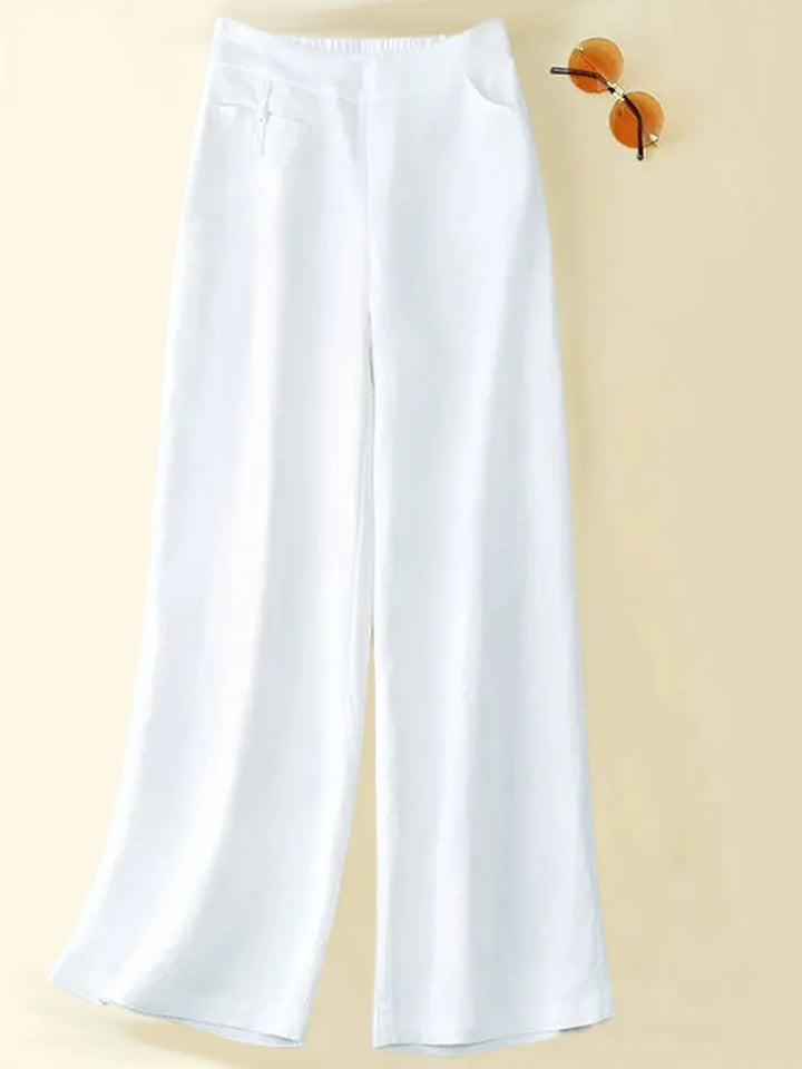 Hariet - Solid Color Button Half Elastic High Waist Casual Cotton and Linen Wide Leg Pants