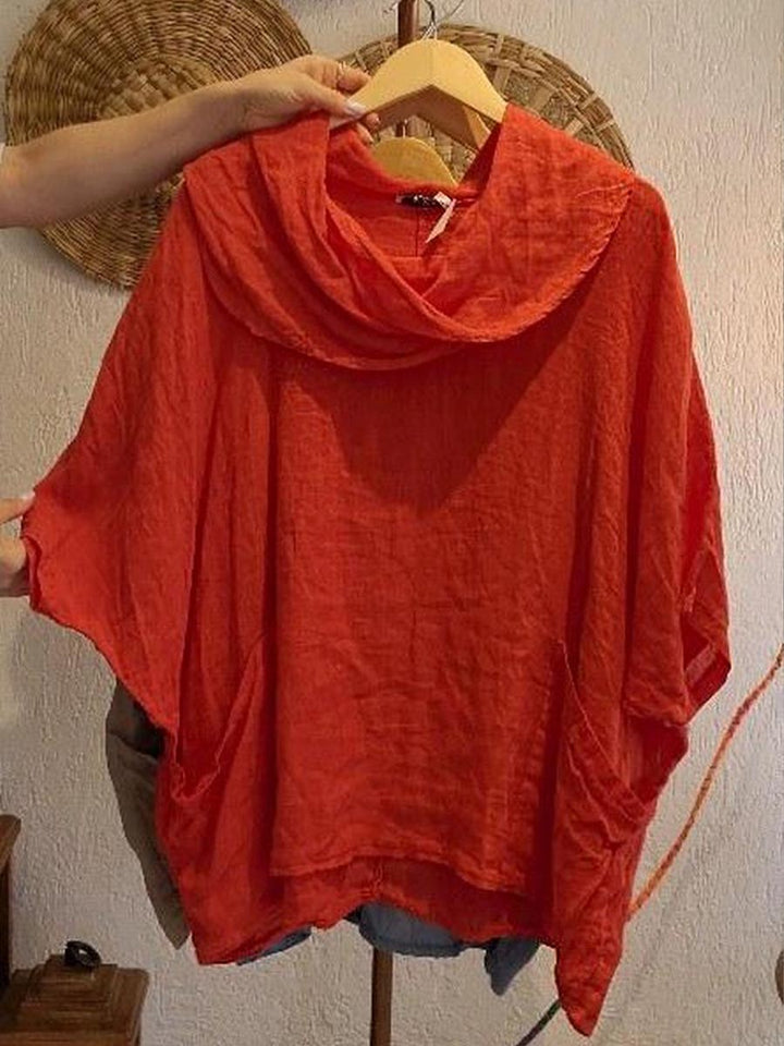 Pia - Solid Color Draped Neck 3/4 Sleeve Comfortable Casual Linen Pocket Top