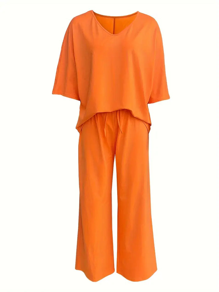 Mia™ - Casual V Neck Top with Wide Leg Pants Set
