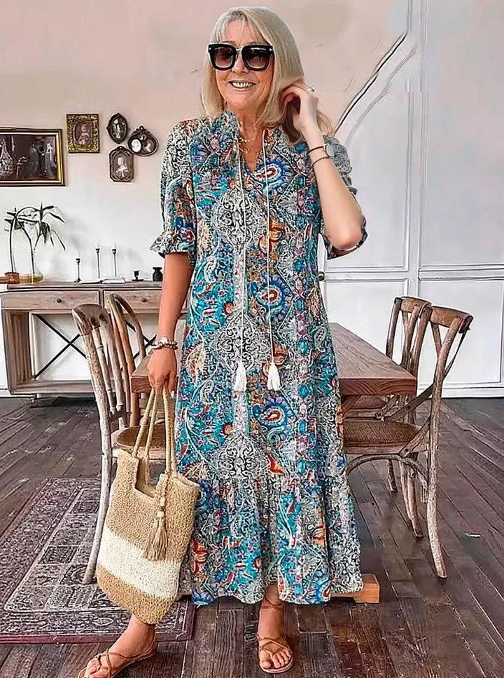 Carolette - Boho Drawstring Neck Maxi Dress