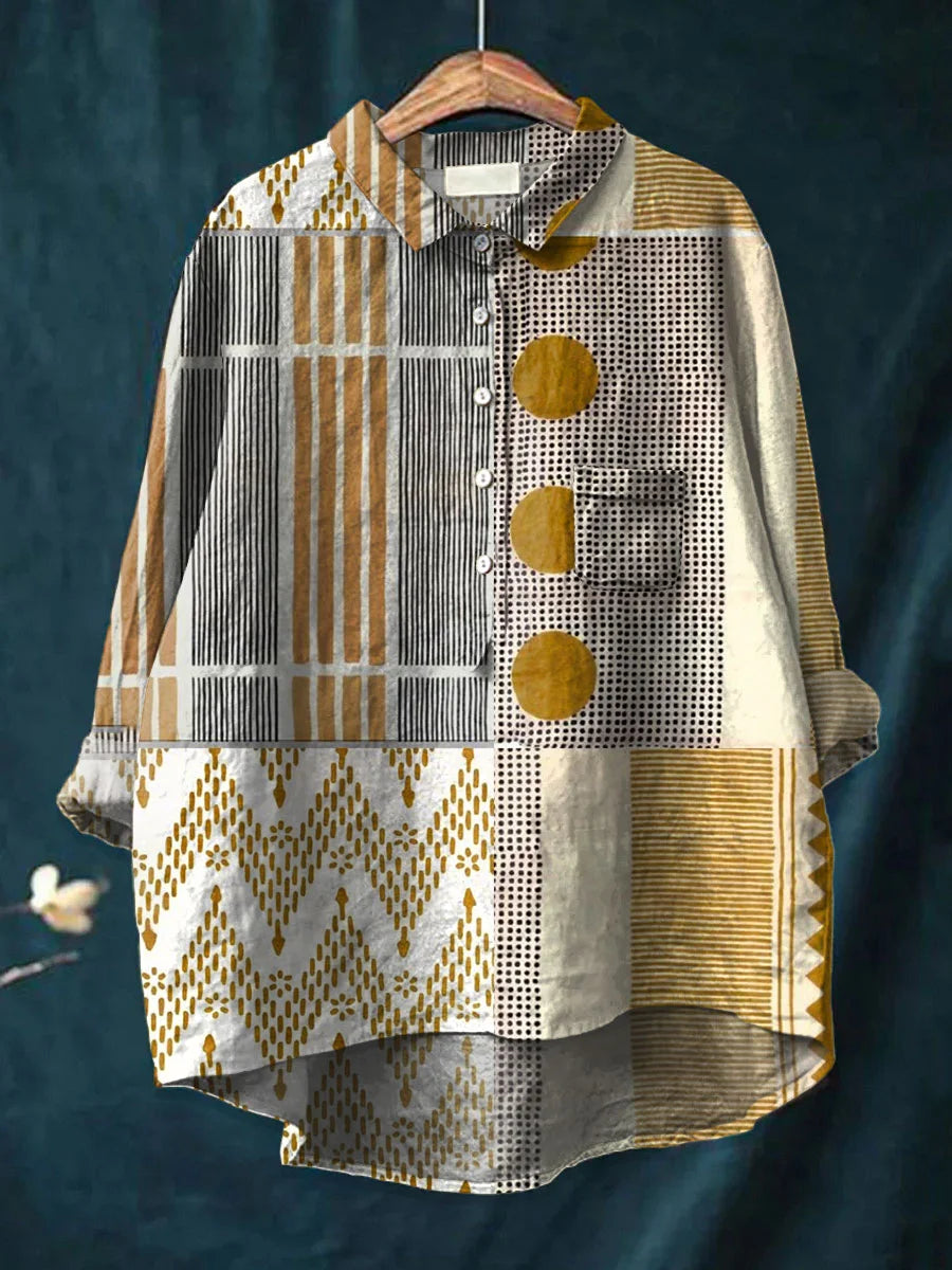 Xena - Vintage Abstract Geometry Art Print Casual Cotton And Linen Top and Dress