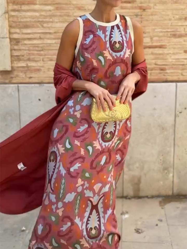 Vilma - Satin Cardigan Cover and Printed Sleeveless Dress