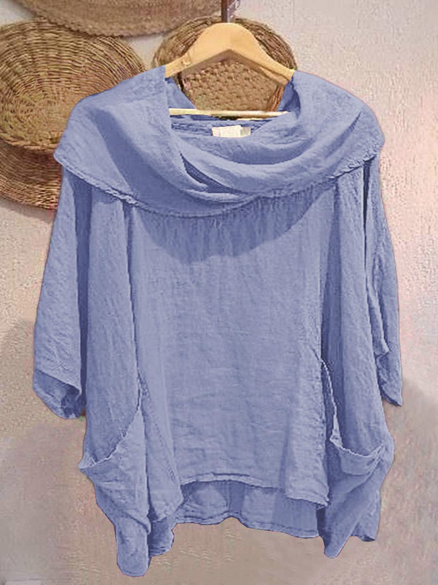 Pia - Solid Color Draped Neck 3/4 Sleeve Comfortable Casual Linen Pocket Top