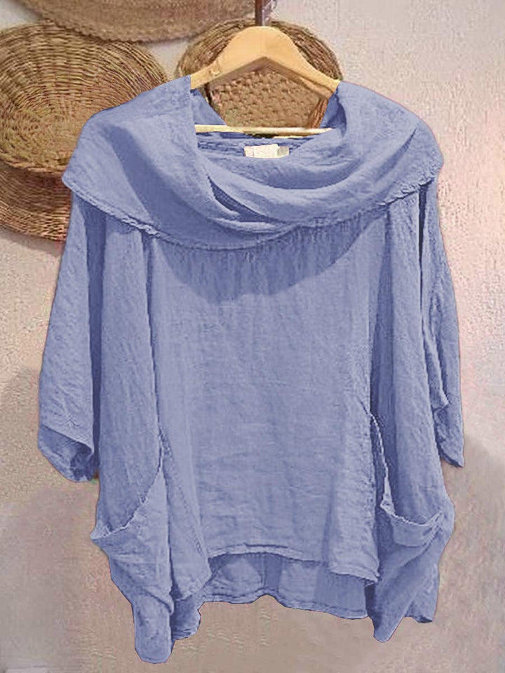 Pia - Solid Color Draped Neck 3/4 Sleeve Comfortable Casual Linen Pocket Top