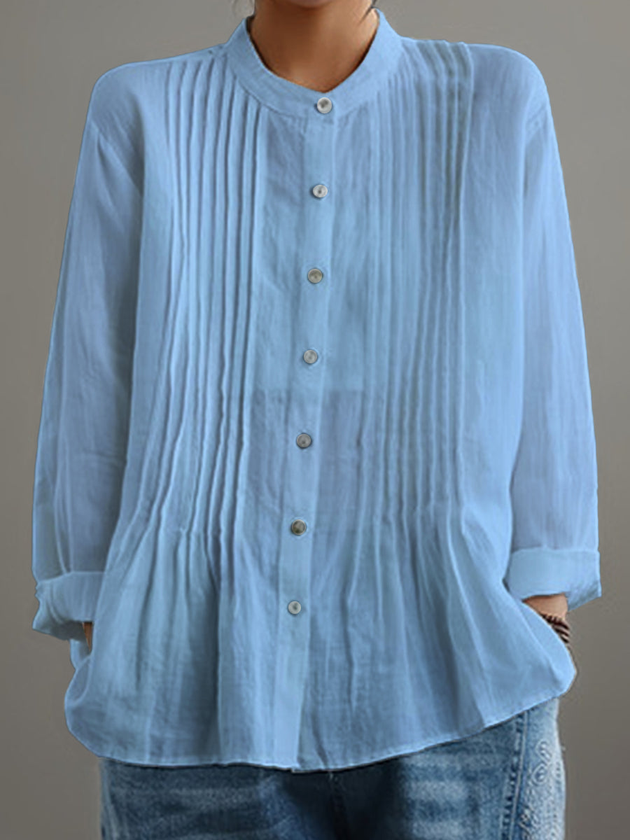 Cathy - Casual Cotton And Linen Pleated Shirt