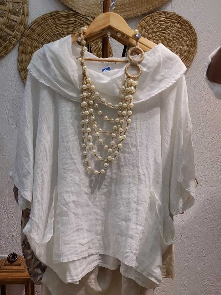 Pia - Solid Color Draped Neck 3/4 Sleeve Comfortable Casual Linen Pocket Top