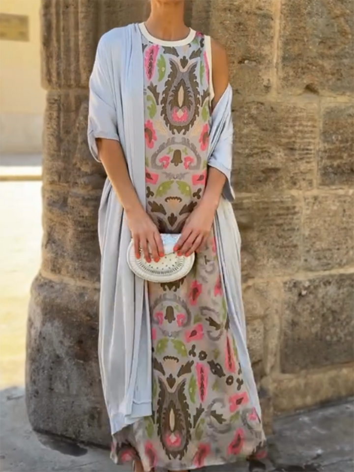 Vilma - Satin Cardigan Cover and Printed Sleeveless Dress
