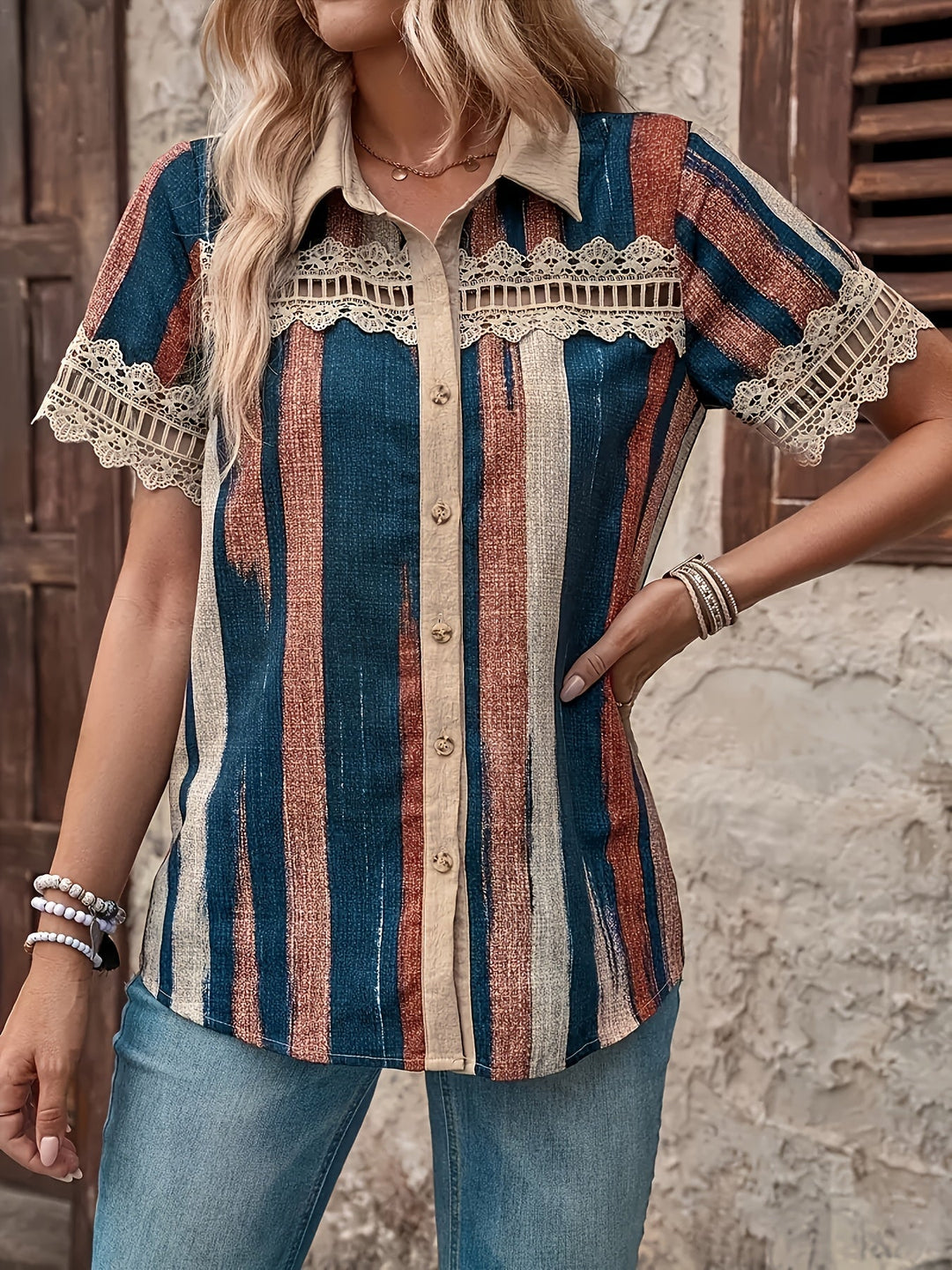 Grace™ - Retro Striped Lace Blouse