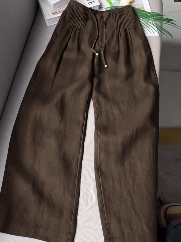 Seina - olid Color Pleated Drawstring Casual Cotton and Linen Wide Leg Pants