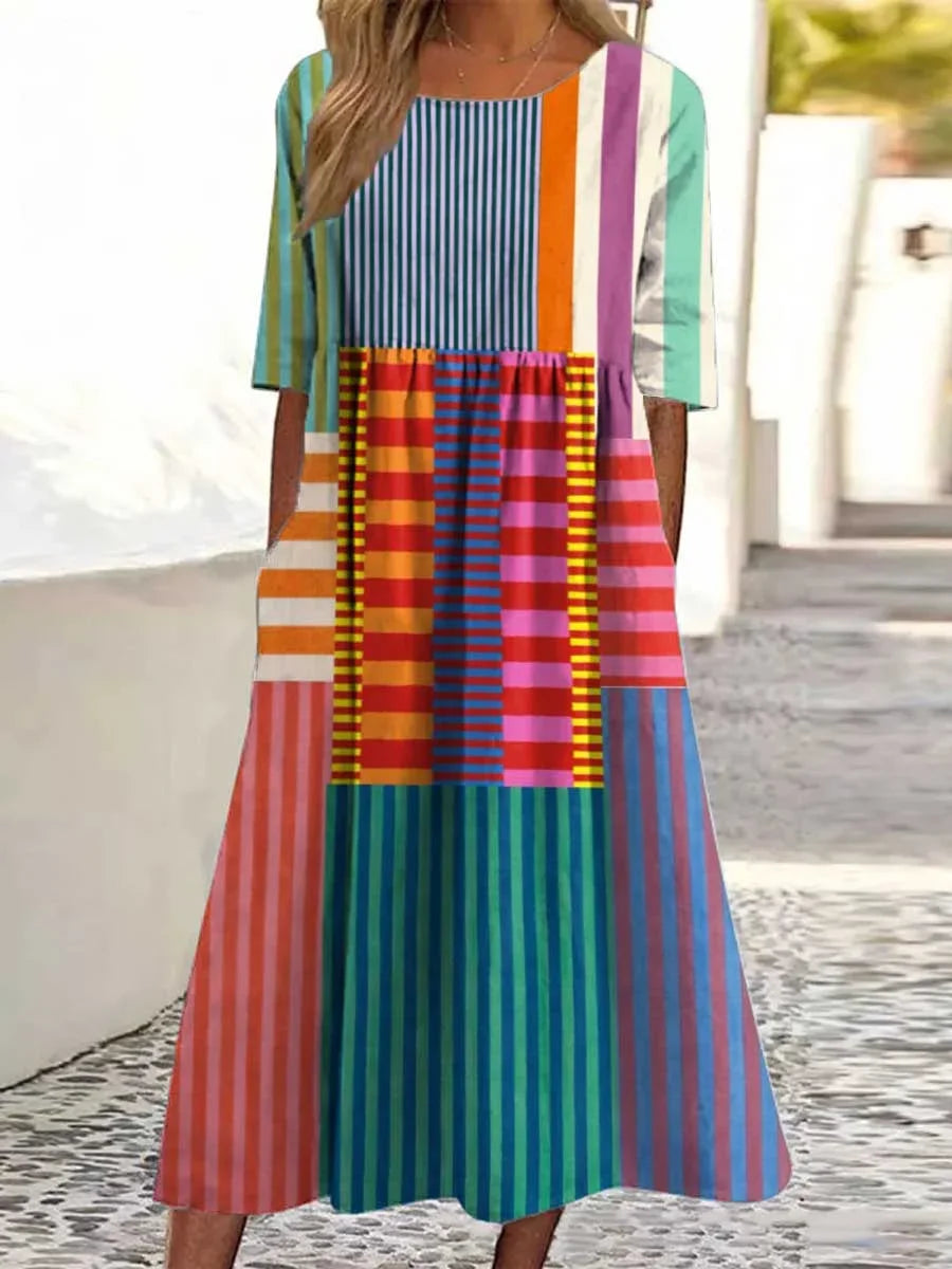 Rowena - Colorful Patchwork Striped Cotton Linen Top, Pant, Jumpsuit and Dress