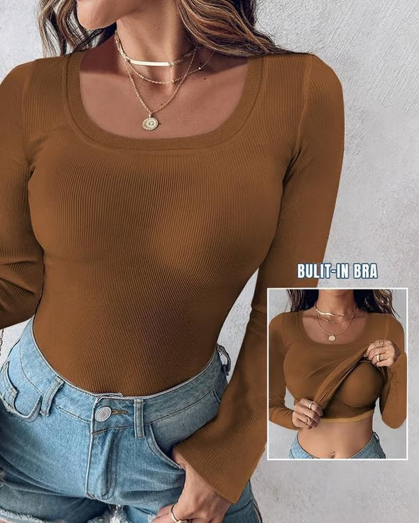Arya | Neck Built-in Bra Long Sleeve Elegant Ribbed Top Shirts