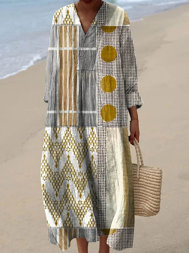 Xena - Vintage Abstract Geometry Art Print Casual Cotton And Linen Top and Dress