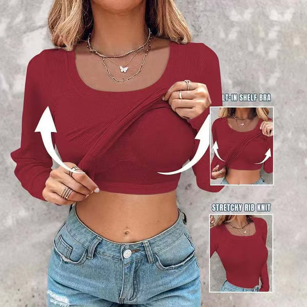 Arya | Neck Built-in Bra Long Sleeve Elegant Ribbed Top Shirts