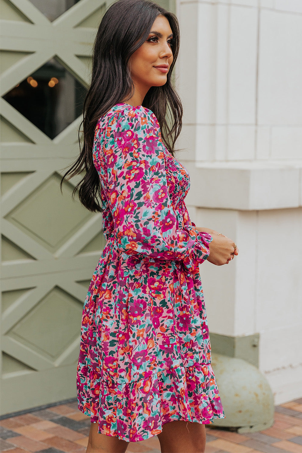 Smocked Puffy Sleeve Floral Dresses