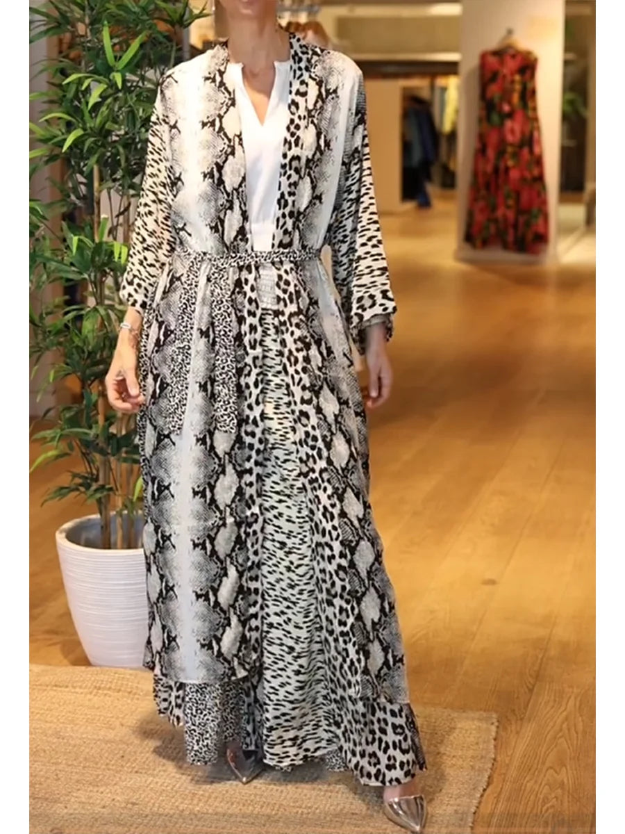 Venice - Animal Print Cotton and Linen Cardigan and Pants Two-piece Set