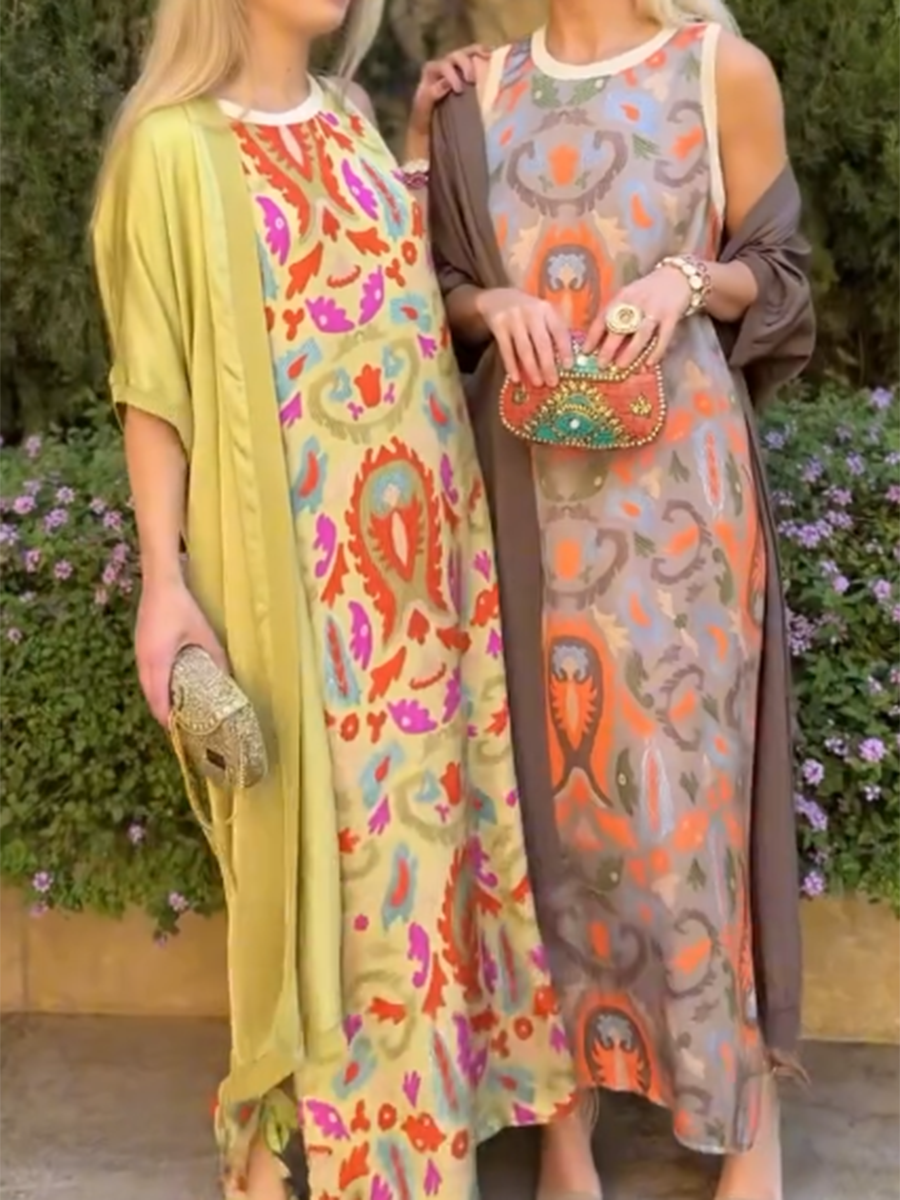 Vilma - Satin Cardigan Cover and Printed Sleeveless Dress