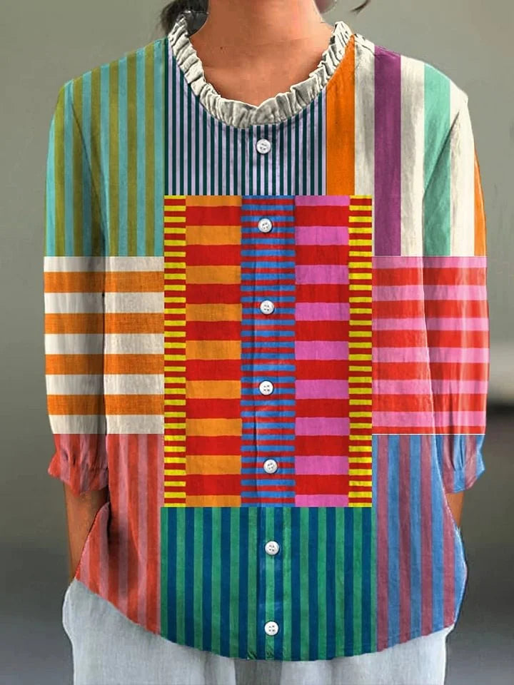 Rowena - Colorful Patchwork Striped Cotton Linen Top, Pant, Jumpsuit and Dress