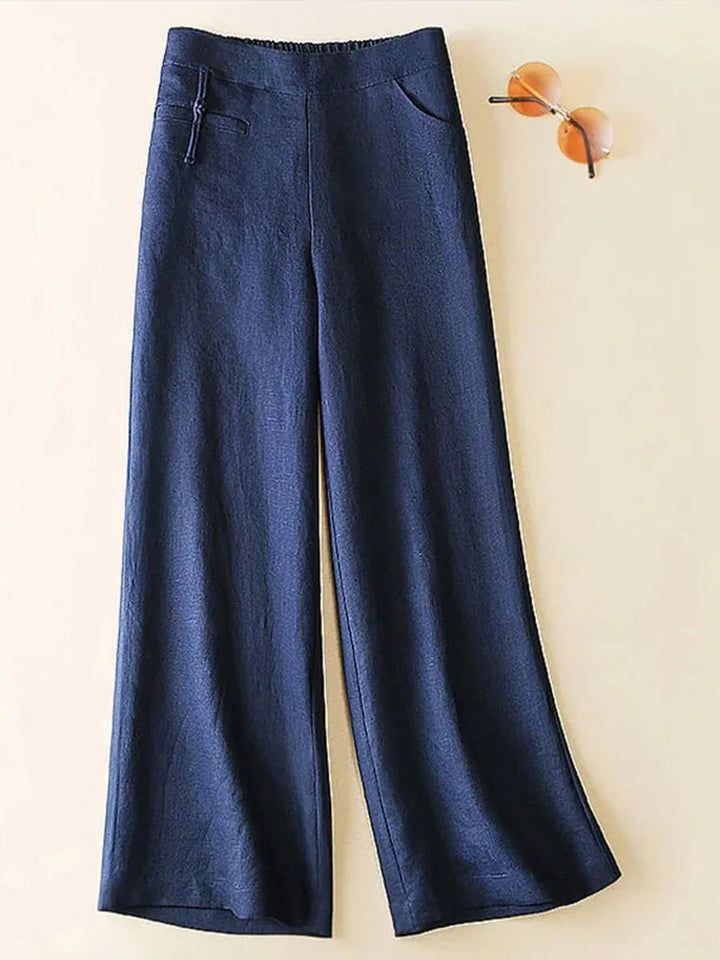 Hariet - Solid Color Button Half Elastic High Waist Casual Cotton and Linen Wide Leg Pants