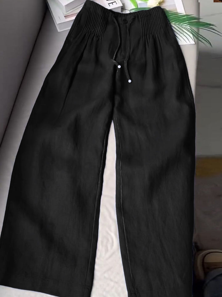 Seina - olid Color Pleated Drawstring Casual Cotton and Linen Wide Leg Pants