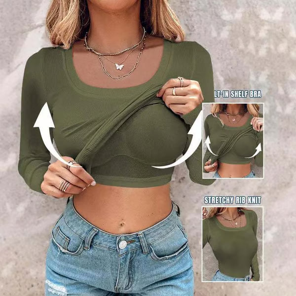 Arya | Neck Built-in Bra Long Sleeve Elegant Ribbed Top Shirts