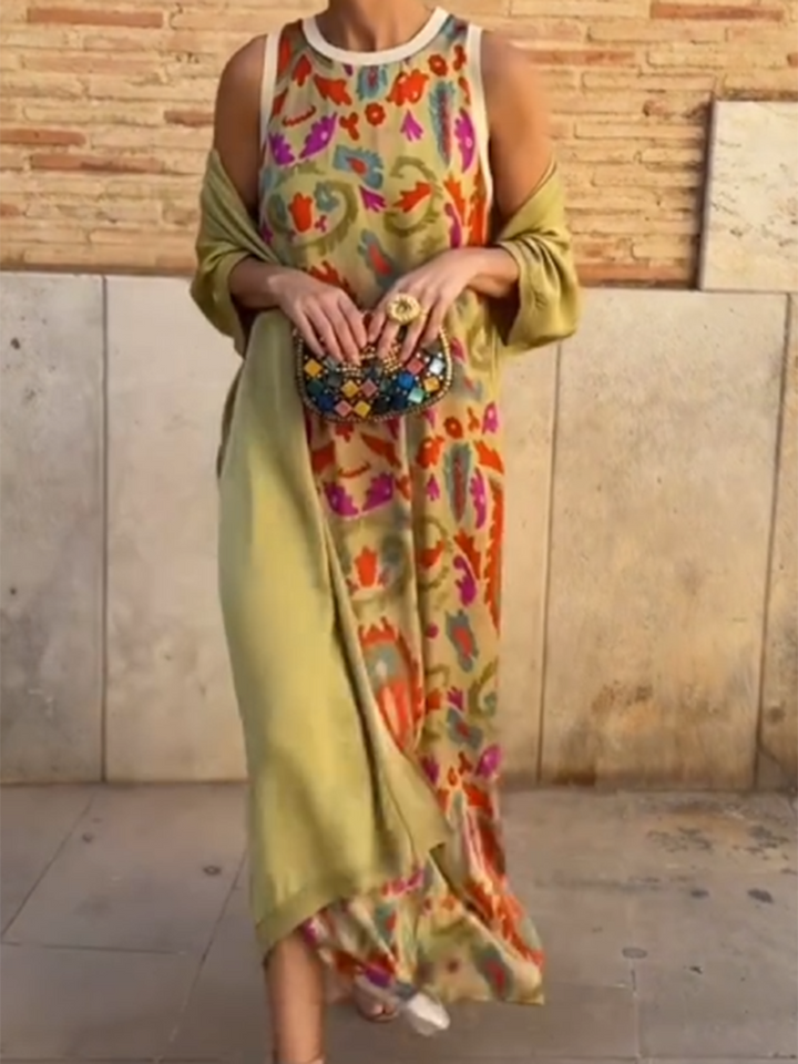 Vilma - Satin Cardigan Cover and Printed Sleeveless Dress