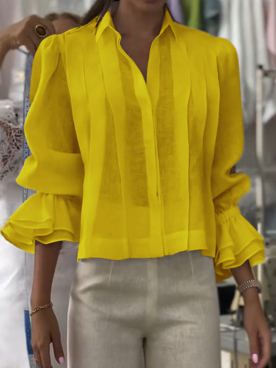 Gina - Solid Color Lapel Long Sleeve Casual Loose Linen Cardigan Top