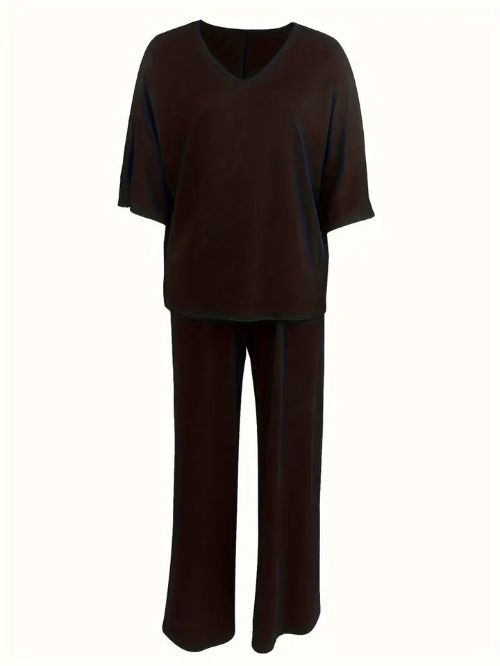 Mia™ - Casual V Neck Top with Wide Leg Pants Set