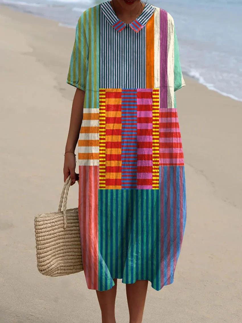 Rowena - Colorful Patchwork Striped Cotton Linen Top, Pant, Jumpsuit and Dress