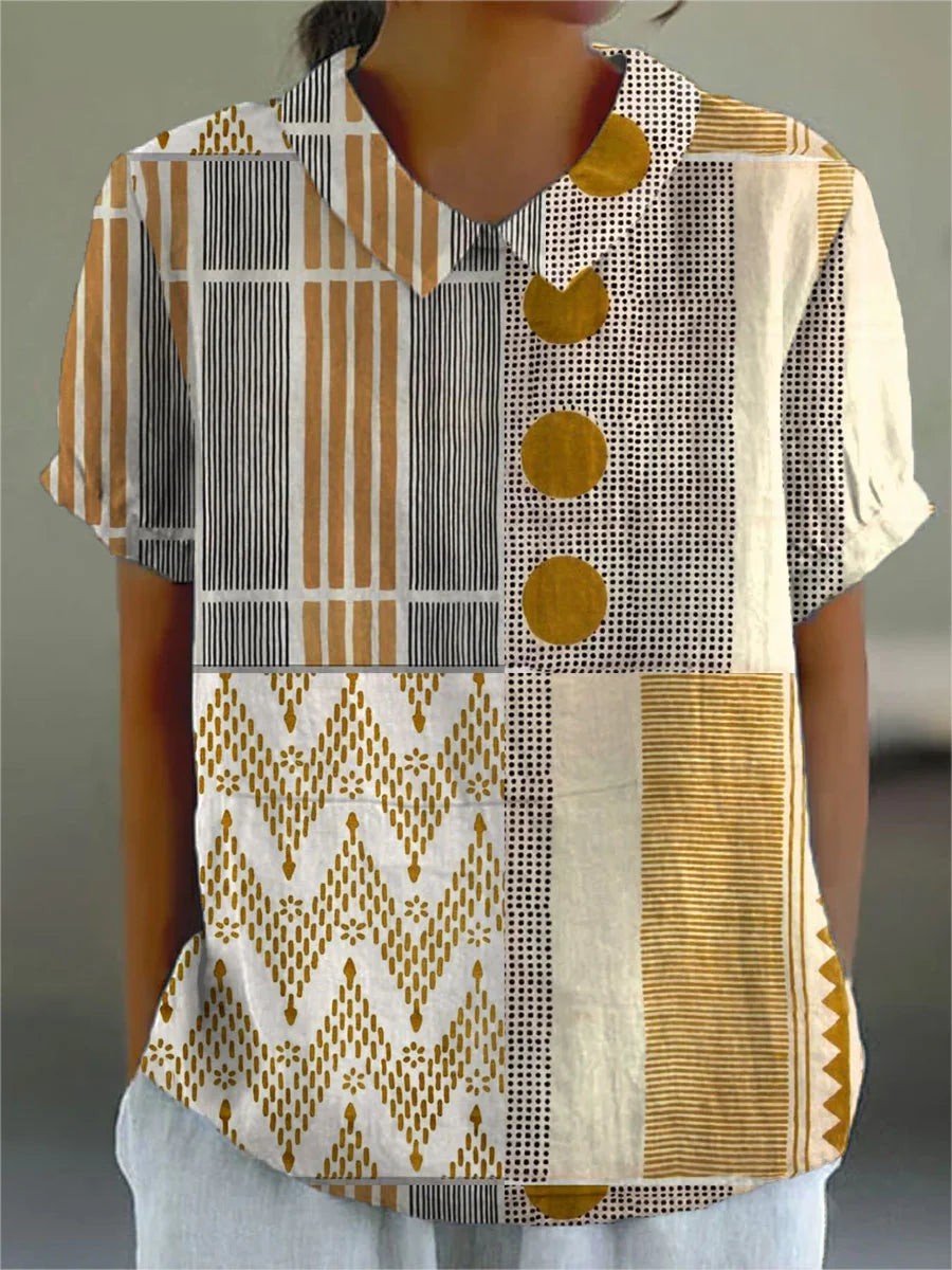 Xena - Vintage Abstract Geometry Art Print Casual Cotton And Linen Top and Dress