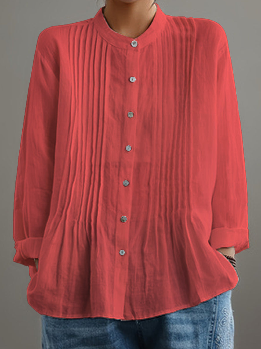 Cathy - Casual Cotton And Linen Pleated Shirt