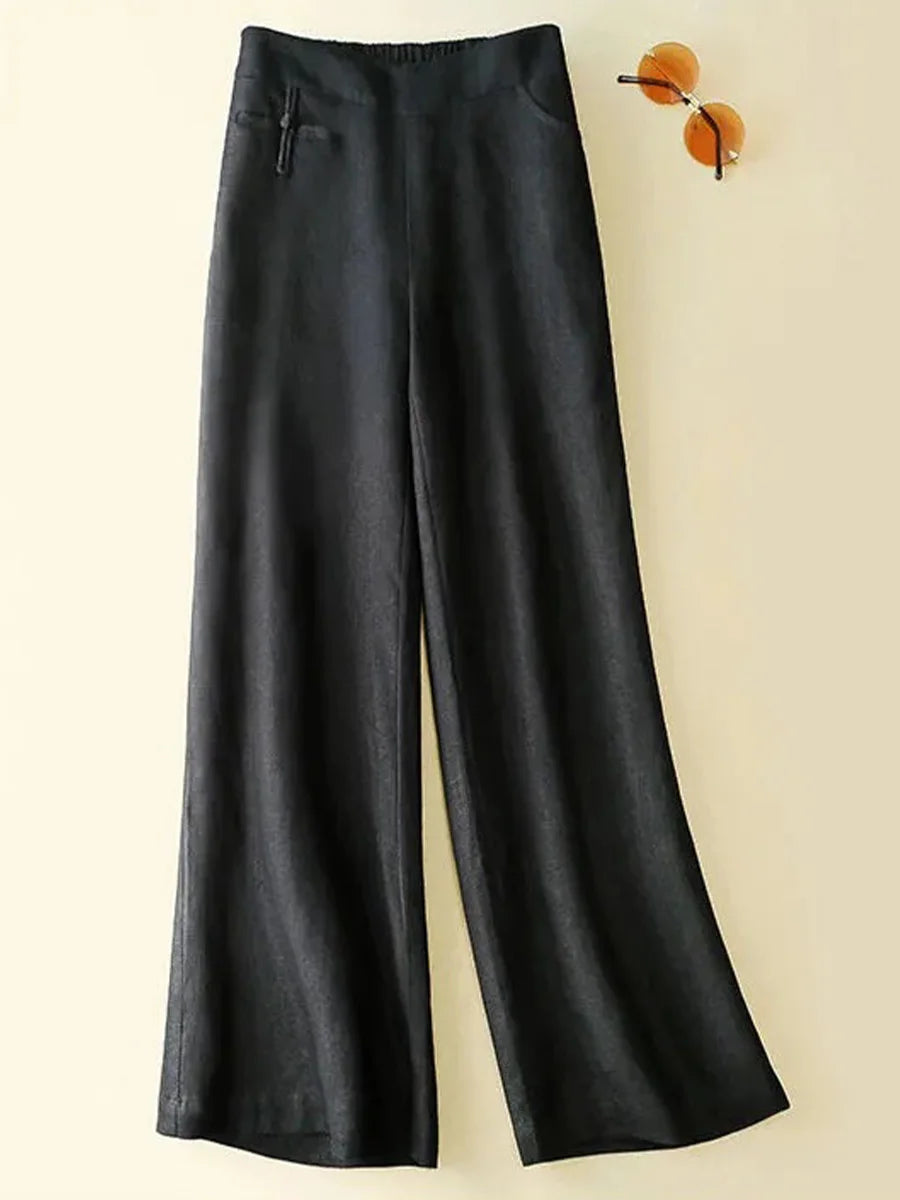 Hariet - Solid Color Button Half Elastic High Waist Casual Cotton and Linen Wide Leg Pants