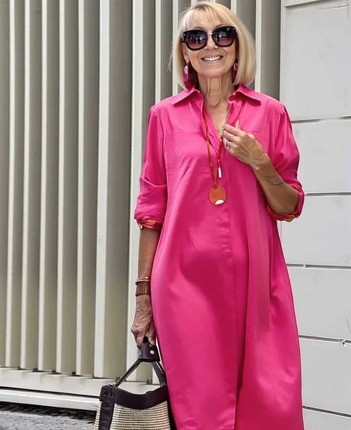 Villa - Linen Collar Pocket Midi Shirt Dress