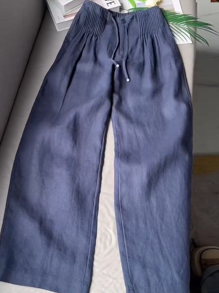 Seina - olid Color Pleated Drawstring Casual Cotton and Linen Wide Leg Pants